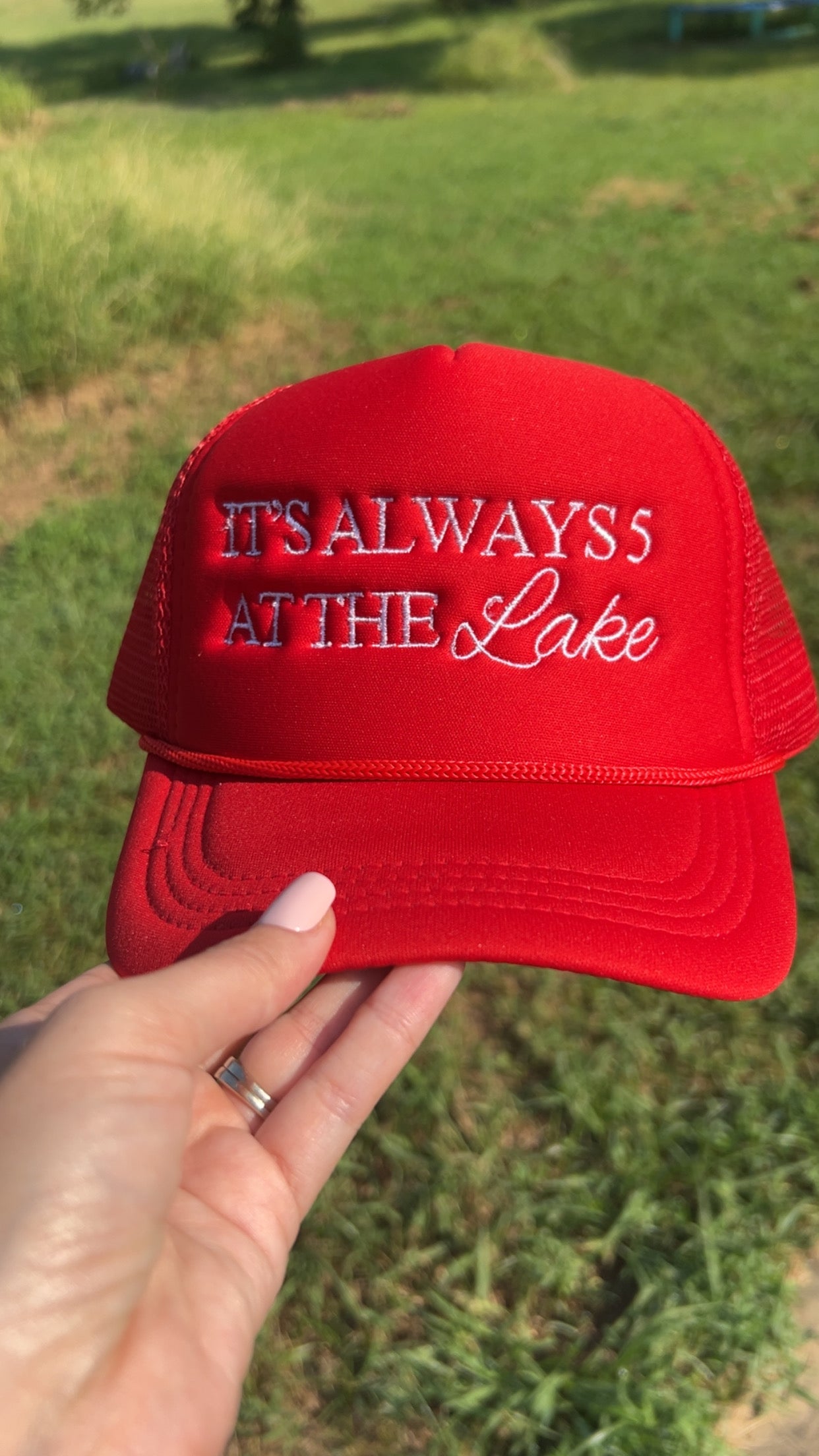 It’s Always 5 Embroidered Trucker Foam — Red and White