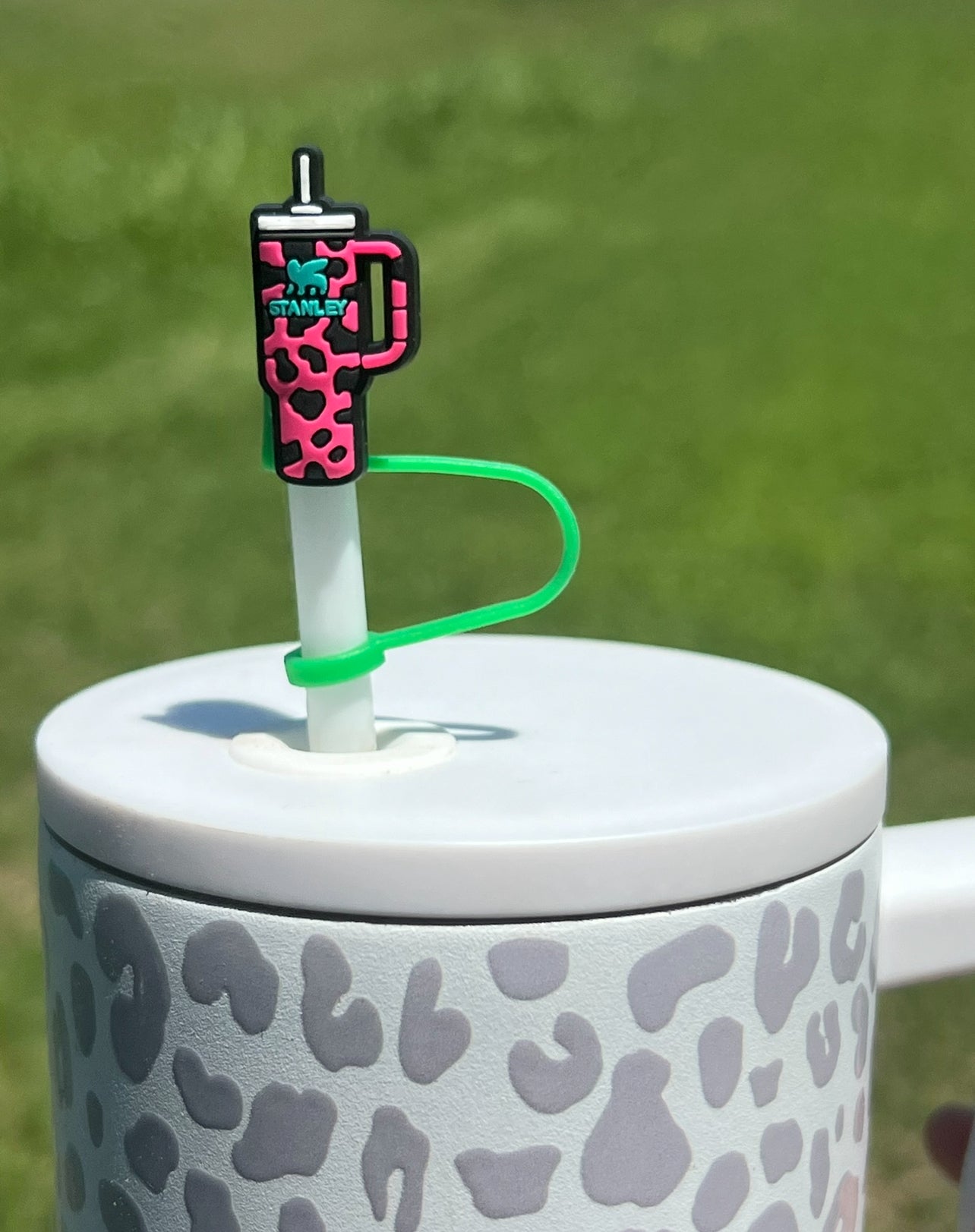 Straw Topper - Pink with Black Cow with logo