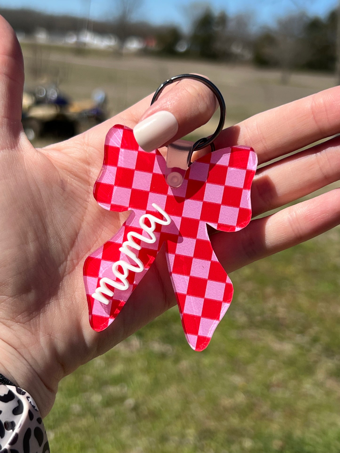 Pink/Red Checkered Mama Keychain