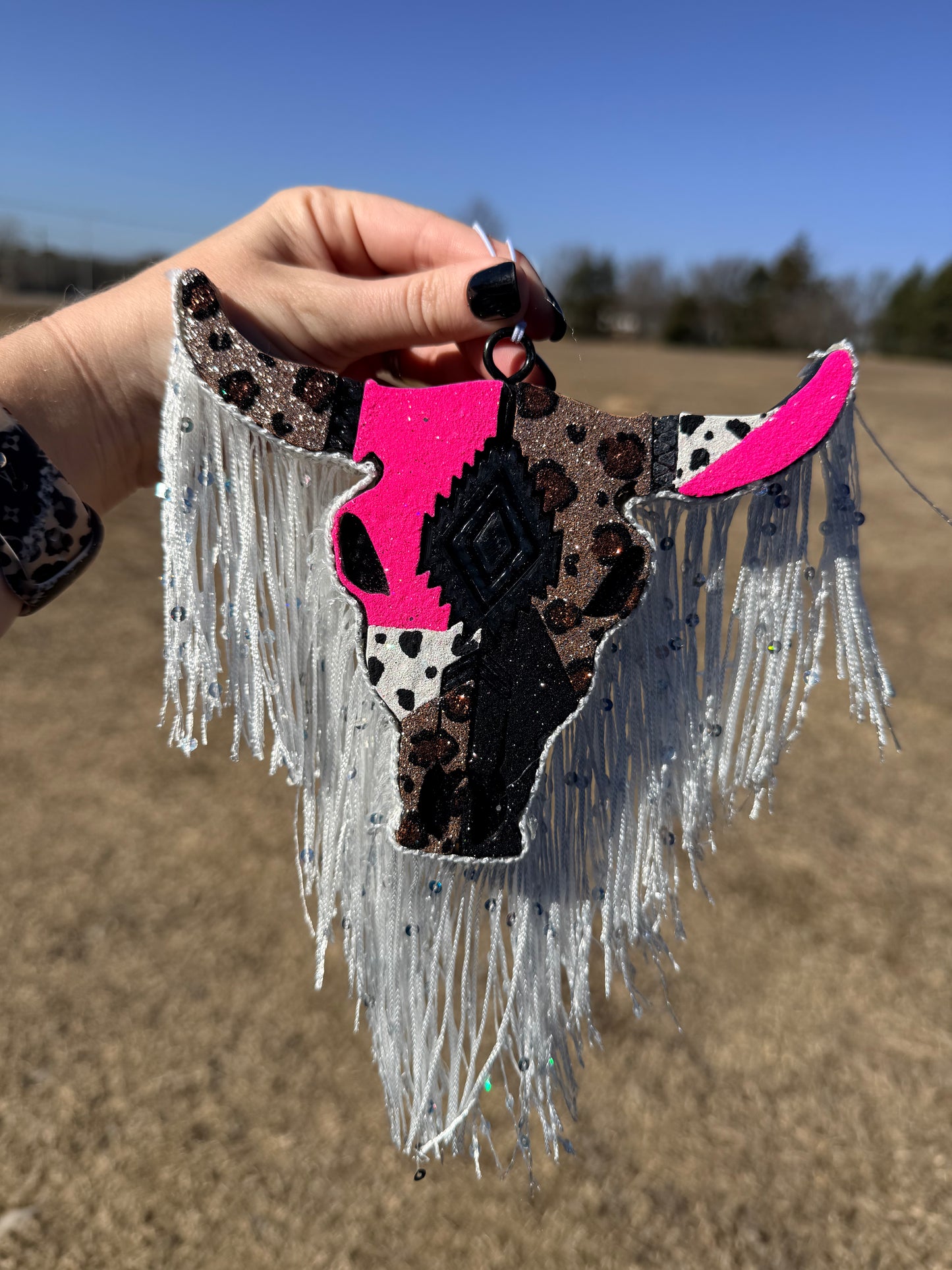 Bull Skull Freshie - Cow / Leopard Print with White Fringe
