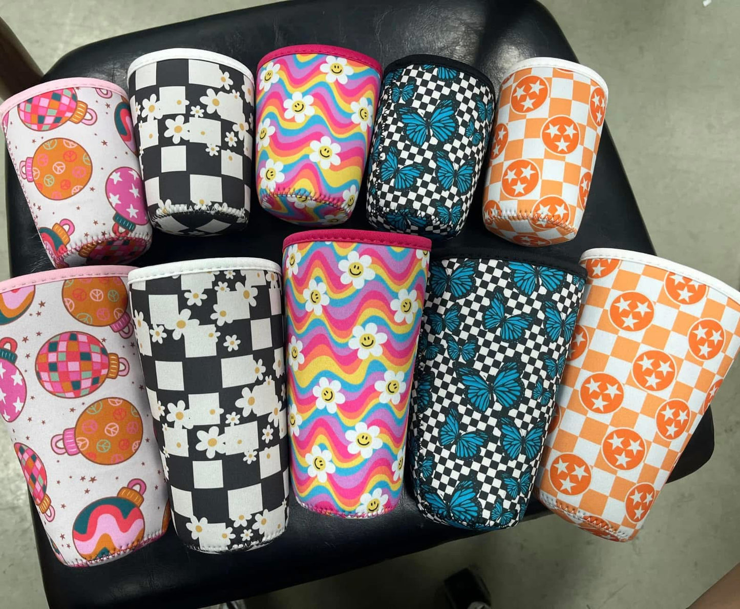 Coffee Koozies - Black / White with Blue Butterflies