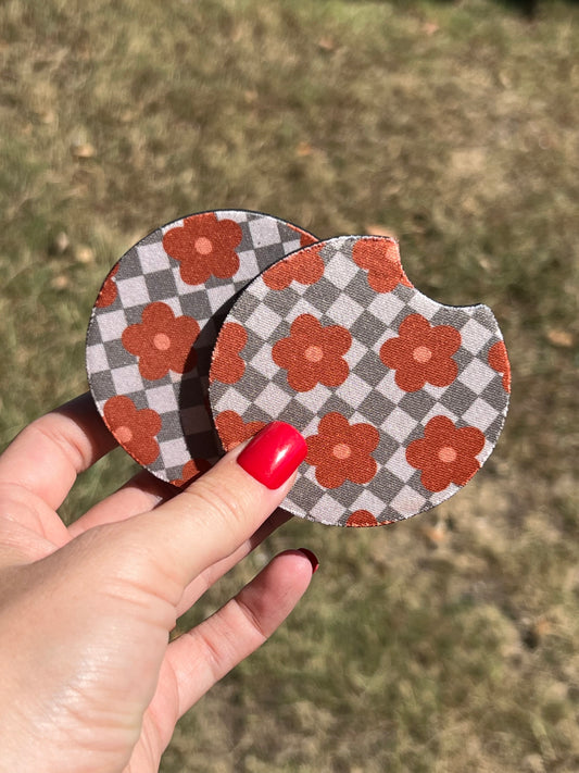 Checkered with Flowers Car Coasters