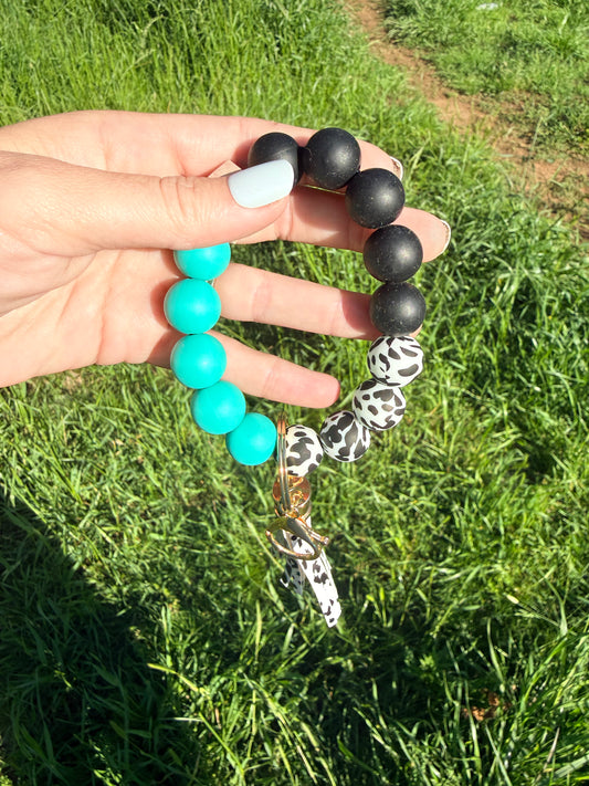 Teal, Black, and Cow Keychain
