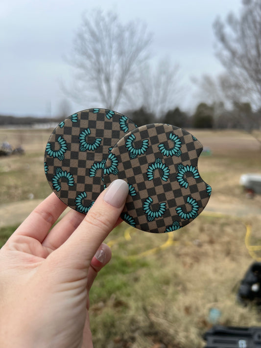 Brown Checkered with Turquoise Car Coasters