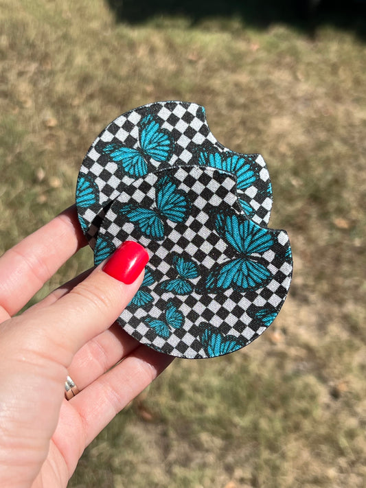 Checkered with Blue Butterfly Car Coasters