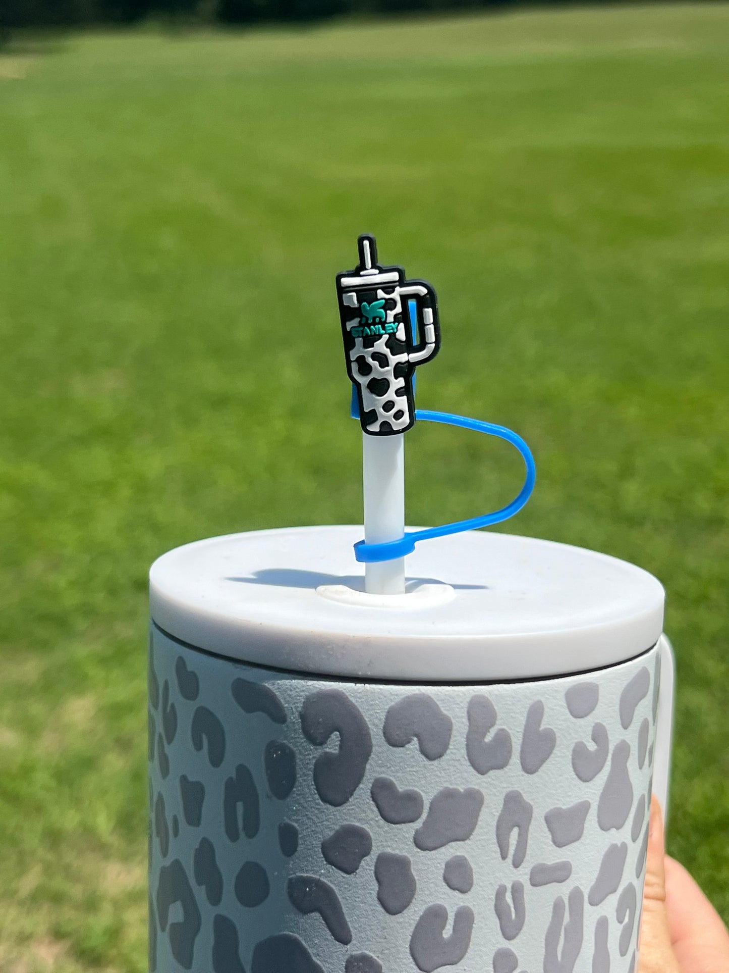 Straw Topper - Black White Cow with Blue Logo