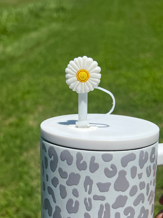 Straw Topper - White & Purple Flower