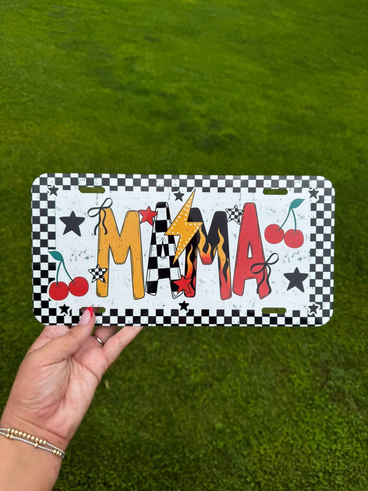 Mama Checkered with Cherries, Stars, and Lightin Bolt License Plates