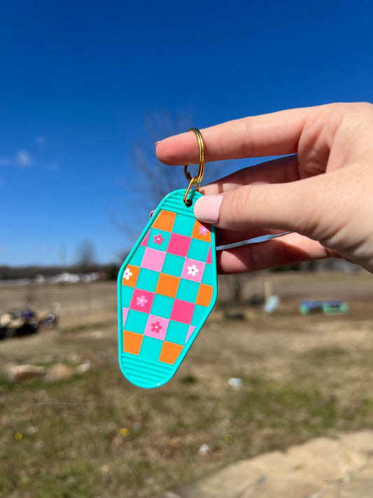 Pink/Orange Checkered with Flowers Motel Keychain
