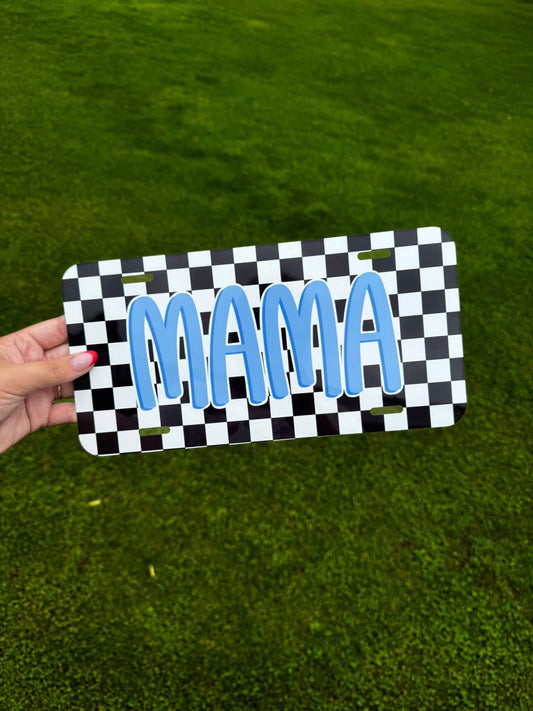Dark Blue Mama with Checkered Background License Plate
