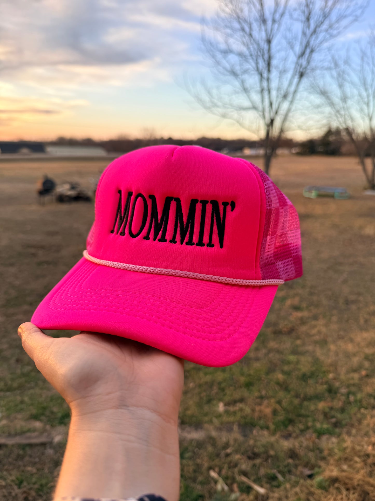 Mommin’ Embroidered Hat - hot pink and checkered