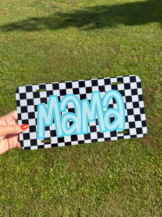 Light Blue Mama with Checkered Background License Plate