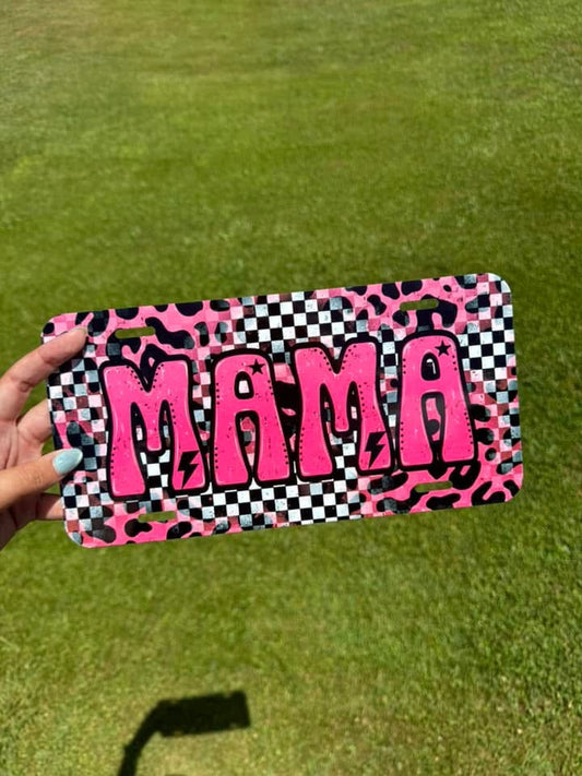 Pink with Leopard & Checkered Print Mama License Plate