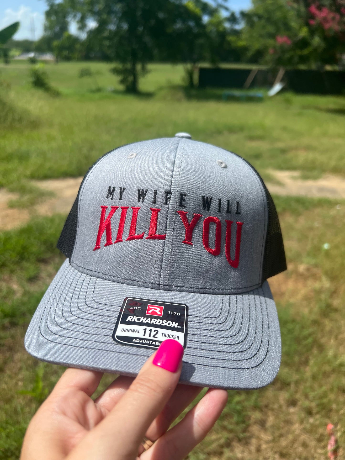 My Wife Will Kill You on Gray & Black Embroidered Hat