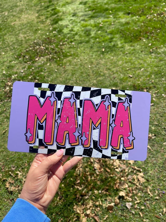 Purple with Checkered Print Mama License Plate