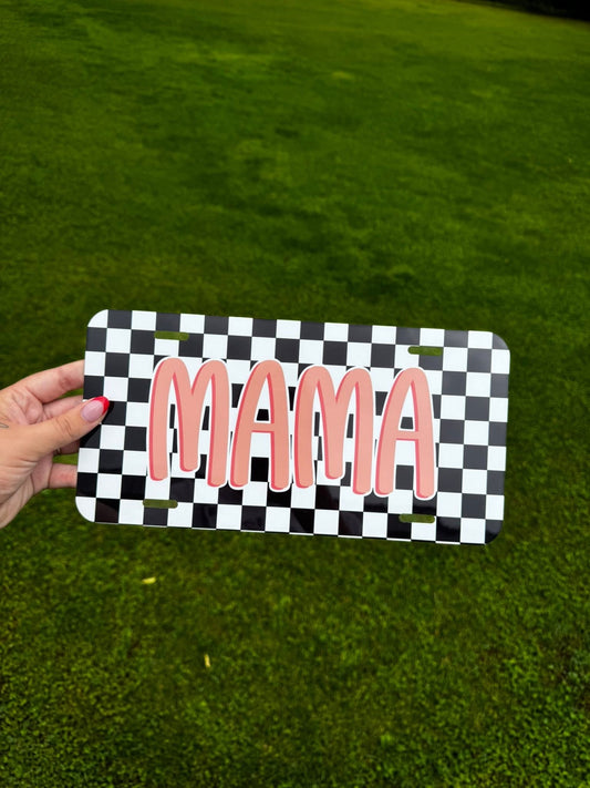 Checkered Print Background with Mama in Peach License Plate