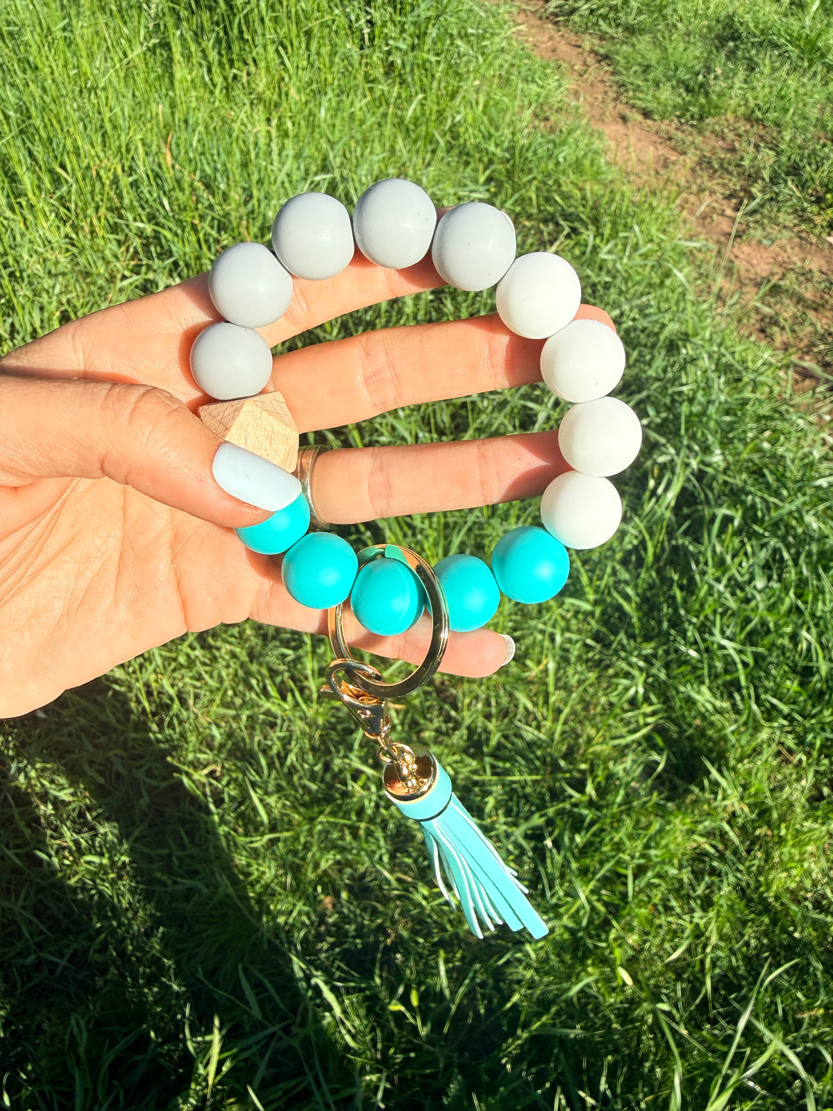 Teal, Gray, and White Keychain