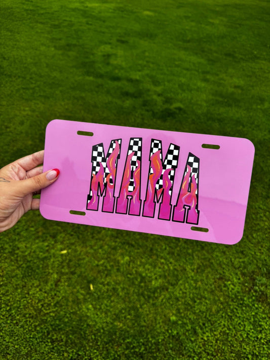 Pink Background Mama with Flames and Checkered Print License Plate