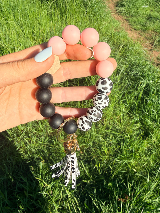 Pink, Black, and Cow Keychain