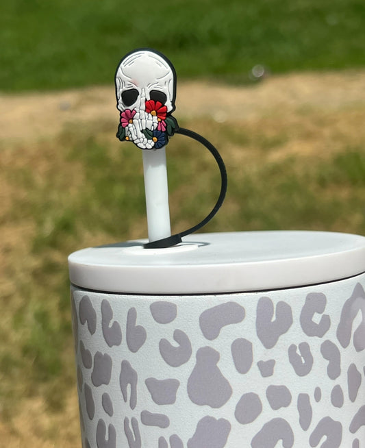 Straw Topper - White Skull with Floral