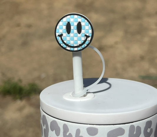 Straw Topper - Blue Checkered Smiley