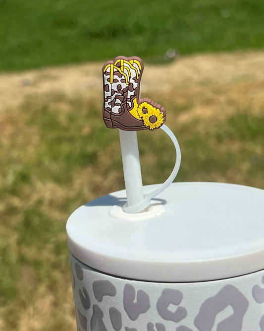 Straw Topper - Boots with Cow Print and Sunflowers