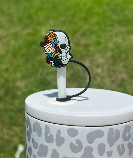 Straw Topper - Gray Floral Skellie
