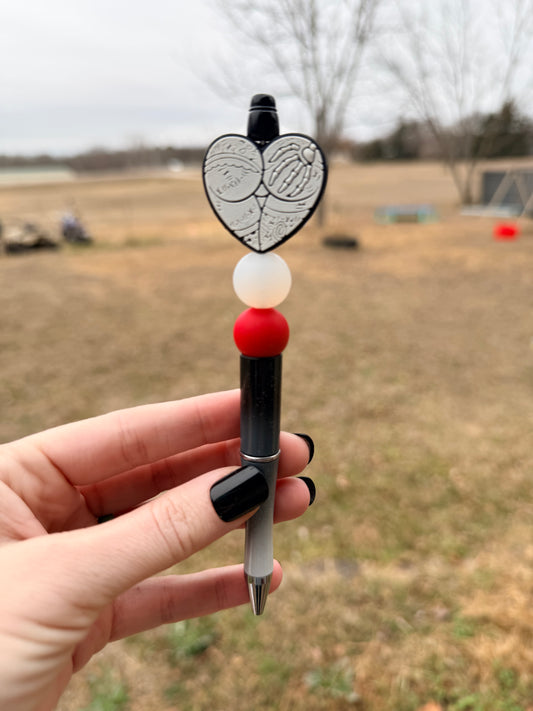 Beaded Pens - Heart with Skully Hand on Butt