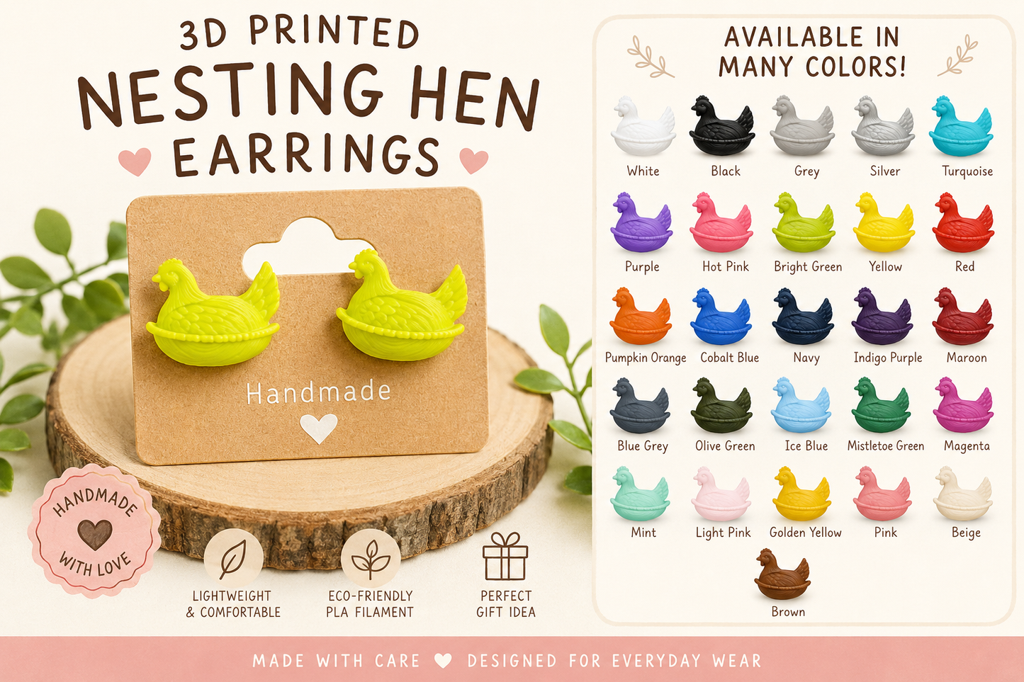 3D Printed Nesting Hen Earrings