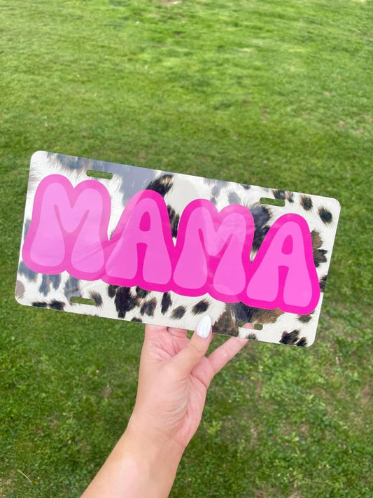 Cow Print with Mama in Pink License Plate