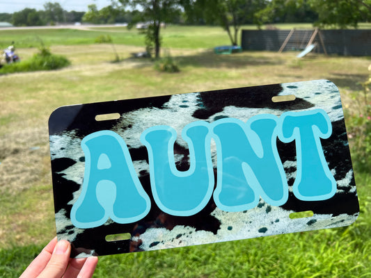 Cow Print with Light Blue Aunt License Plate